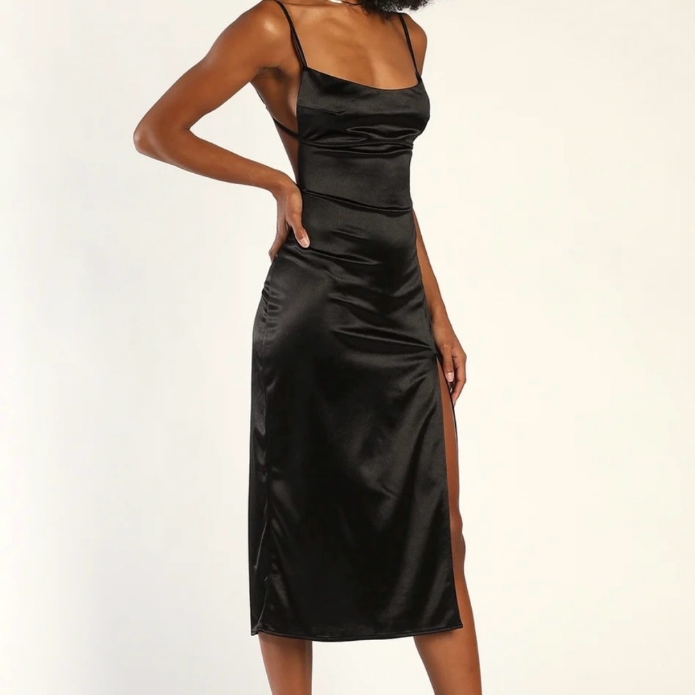 Lulu’s, size M - Glammed Up Gal Black Satin Backless Sleeveless Midi Dress
